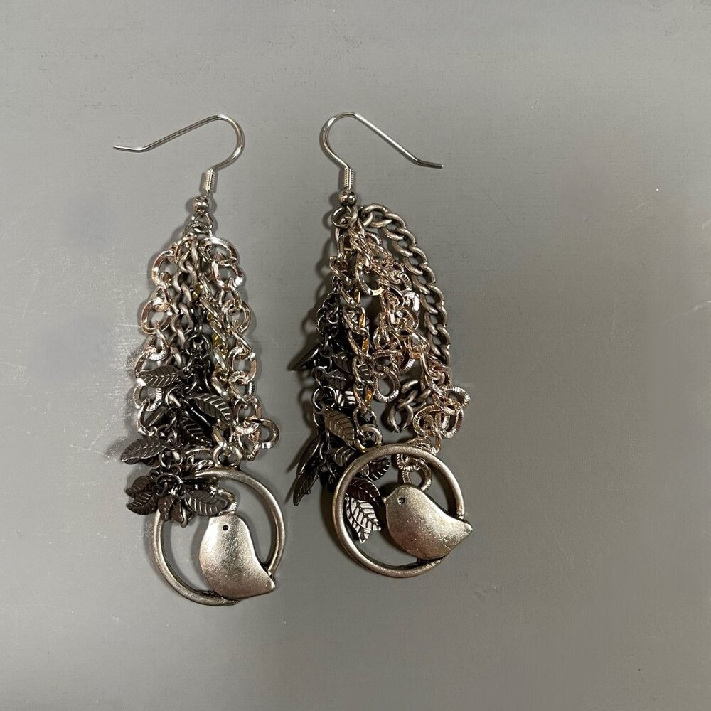 Mixed Metal Chain Earrings with Bird Accent